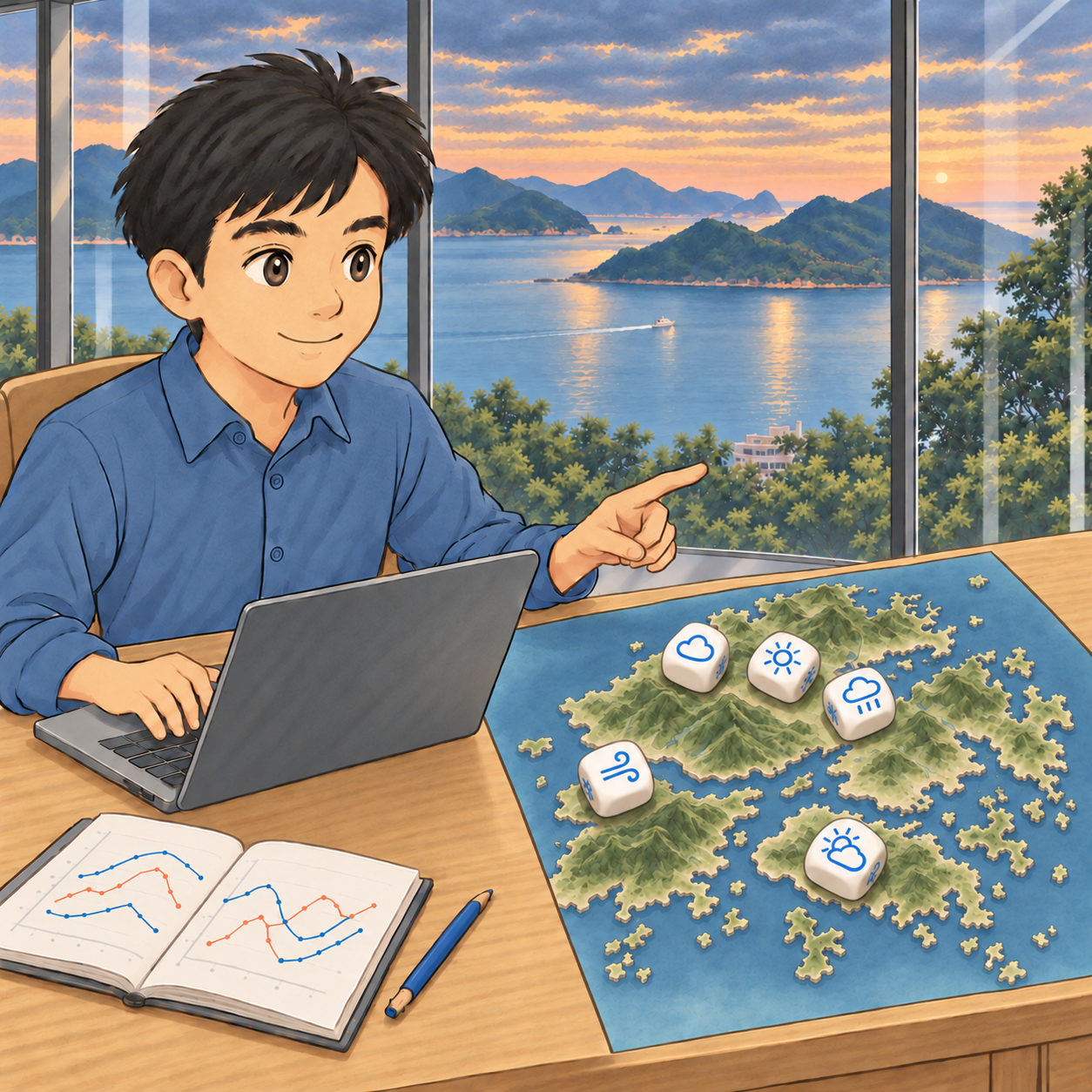 Han Wang at a research desk overlooking Clear Water Bay through a glass curtain wall, with weather dice on a mountainous Hong Kong relief map